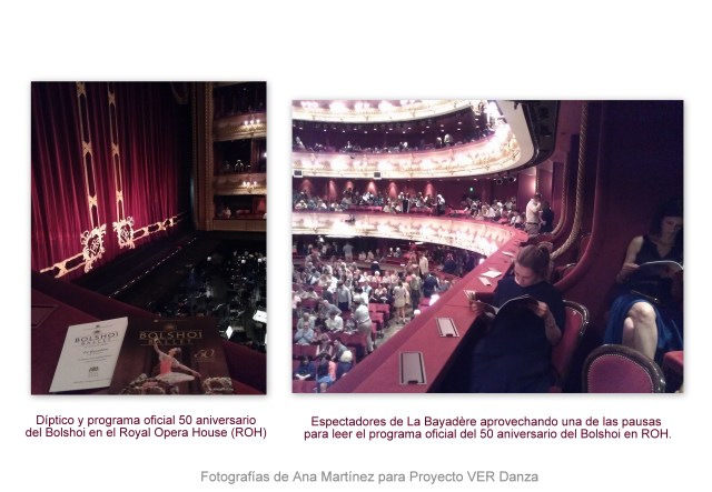 Fotografía del programa del 50 aniversario del Bolshoi en Royal Opera House en agosto 2013 el día de la representación de La Bayadère. En la segunda foto se muestra el público en el intervalo. Algunas personas están leyendo el programa oficial.