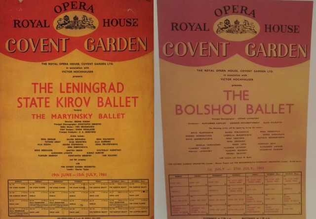 Posters publicitarios del Kirov en 1961 y del Bolshoi en 1963 en el ROH.