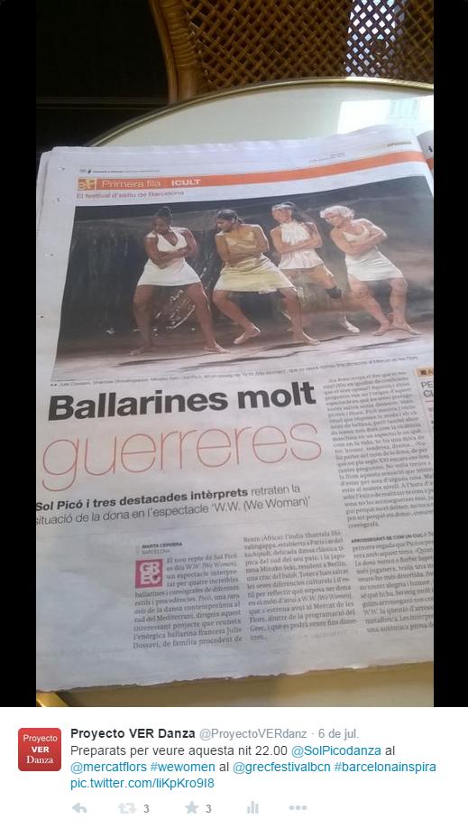 Artículo en EL PERIÓDICO sobre Sol Picó y sus bailarinas muy guerreras el día del estreno de W W We Women en el Mercat de les Flors dentro del GREC 2015