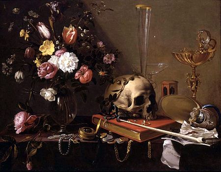 Adriaen van Utrecht. Vanitas Still Life with Bouquet and Skull